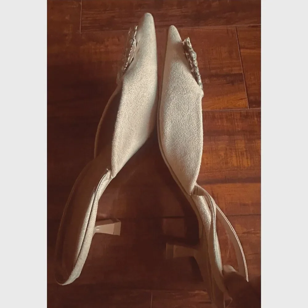 Nude Vegan Leather Glam Kitten Heel Rhinestone Buckle Slingback Pointed Pumps 38